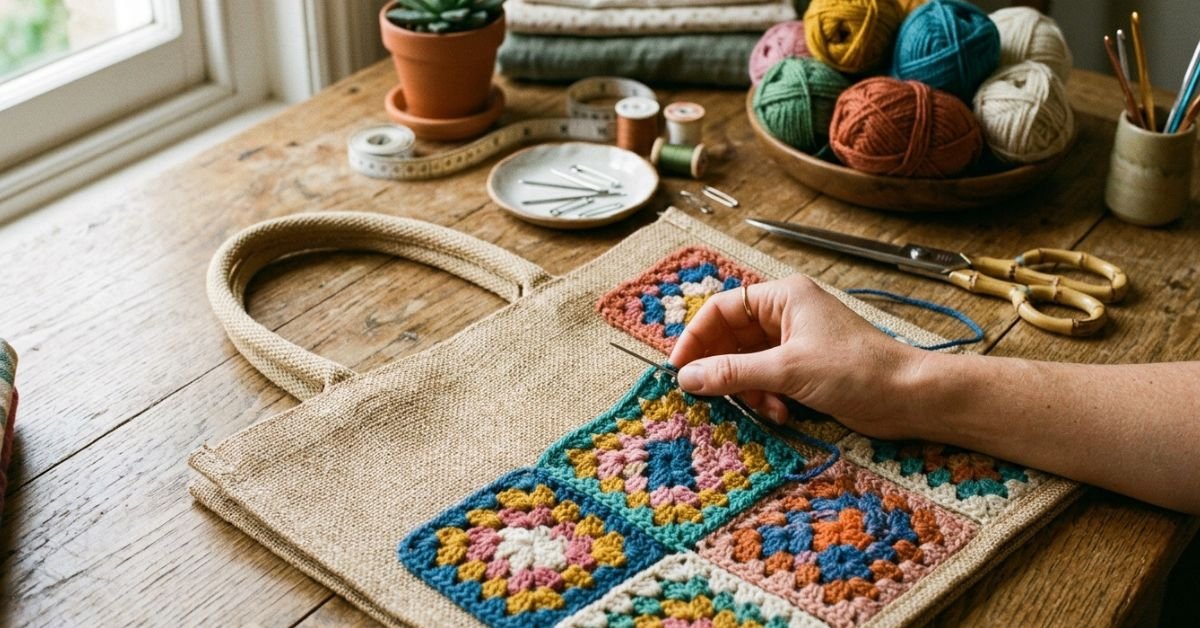 Come cucire mattonelle uncinetto su borsa juta rinnova la tua vecchia borsa con lo stile granny