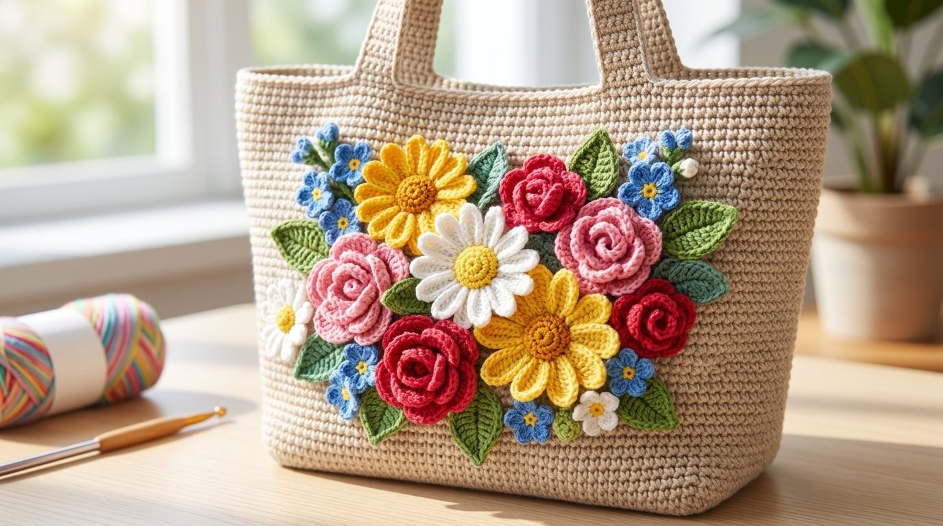 Borsa con fiori uncinetto tutorial: come applicare decorazioni tridimensionali e colorate